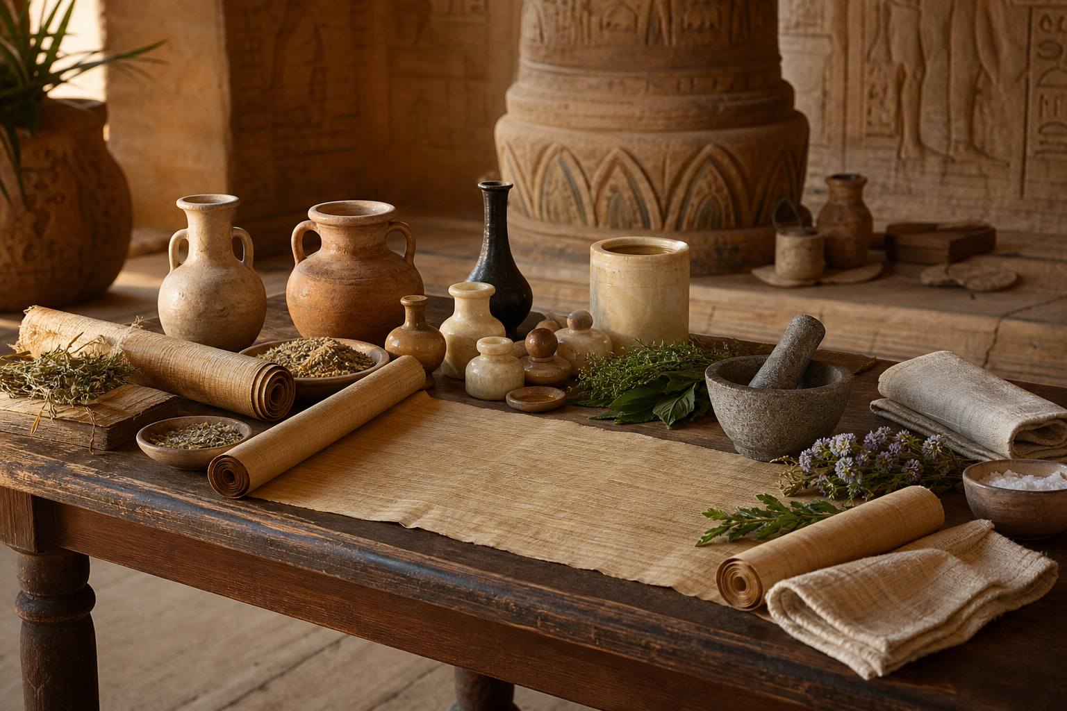 Ancient Egyptian healer’s table with papyrus scrolls, ceramic jars, herbs, oils and linen